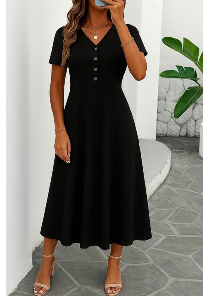 Kadın Kısa Kollu V Yakalı Önden Düğmeli Yırtmaçlı Midi Viskon Elbise