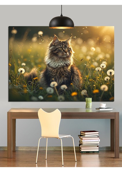 Papatyalar Arasında Tüylü Kedi Dekoratif Kanvas - Mdf Ahşap Tablo