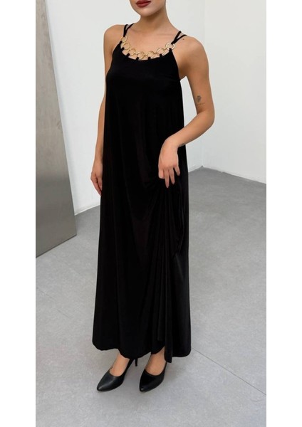 Kadın Omuz Askılı Kuş Gözü Zincir Detay Sandy Kumaş Maxi Boy Elbise indirimleri