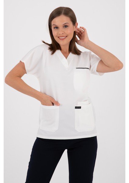 Premium Lycra Beyaz Tek Üst Hemşire Forması Cerrahi Forma, Scrubs Üniforma(Unısex)