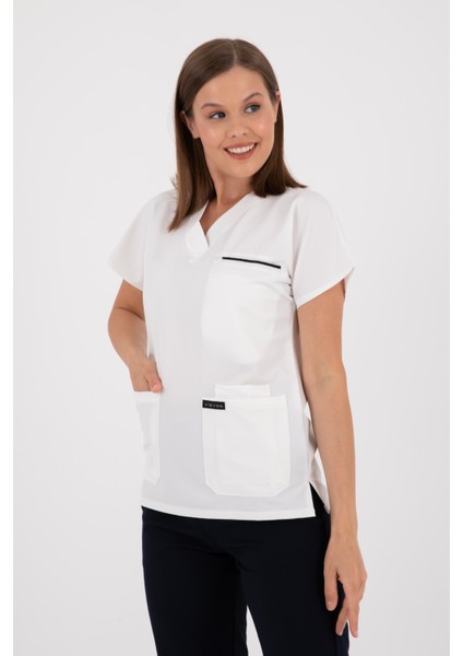 Premium Lycra Beyaz Tek Üst Hemşire Forması Cerrahi Forma, Scrubs Üniforma(Unısex) fiyatları