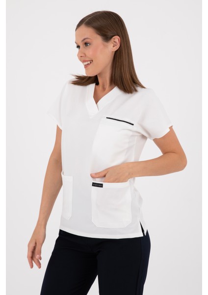 Premium Lycra Beyaz Tek Üst Hemşire Forması Cerrahi Forma, Scrubs Üniforma(Unısex) modelleri