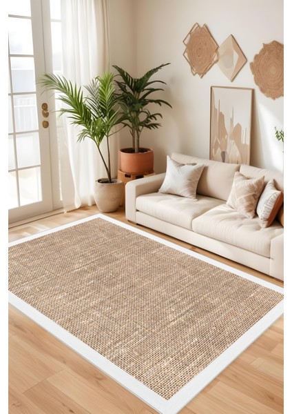Dijital Baskı Jüt Görünümlü Beyaz Çerçeveli Modern Makinada Yıkanabilir Salon Mutfak Yolluk Halısı fiyatları