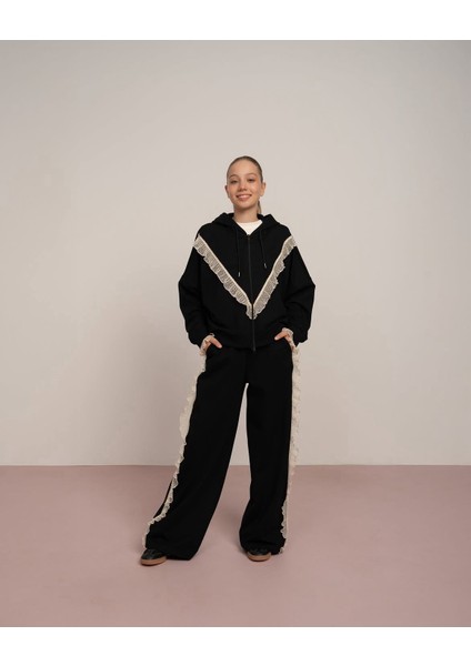 09-15 Yaş Arası Kız Çocuk 2 Iplik Güpürlü Pantolon Sweat Takım - Siyah