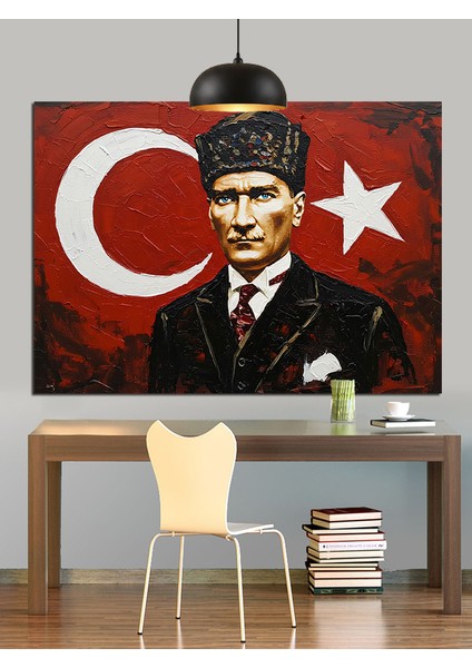Türk Bayrağı Önünde Atatürk Dekoratif Kanvas - Mdf Ahşap Tablo