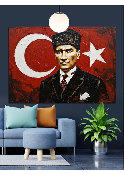 Türk Bayrağı Önünde Atatürk Dekoratif Kanvas - Mdf Ahşap Tablo fiyatları