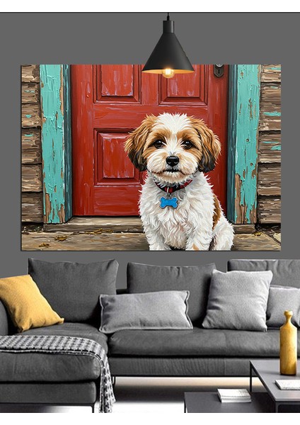 Kırmızı Kapı Önünde Köpek Dekoratif Kanvas - Mdf Ahşap Tablo