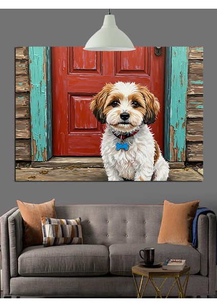 Kırmızı Kapı Önünde Köpek Dekoratif Kanvas - Mdf Ahşap Tablo fiyatları