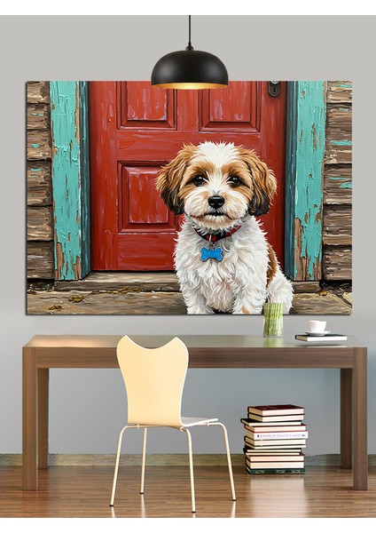 Kırmızı Kapı Önünde Köpek Dekoratif Kanvas - Mdf Ahşap Tablo modelleri