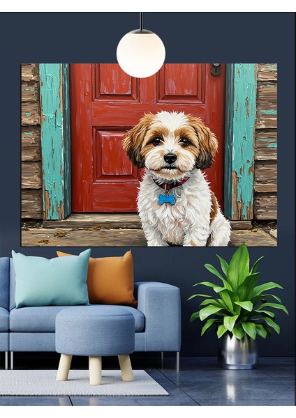 Kırmızı Kapı Önünde Köpek Dekoratif Kanvas - Mdf Ahşap Tablo fırsatları