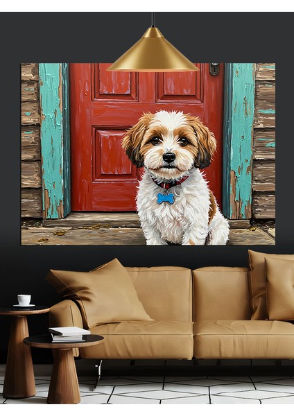 Kırmızı Kapı Önünde Köpek Dekoratif Kanvas - Mdf Ahşap Tablo indirimleri