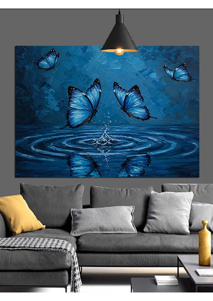 Mavi Kelebekler Su Üstünde Dekoratif Kanvas - Mdf Ahşap Tablo