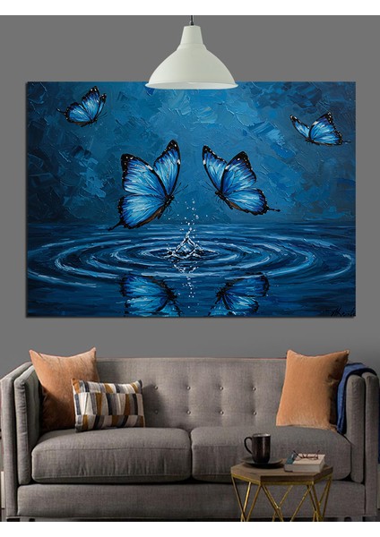 Mavi Kelebekler Su Üstünde Dekoratif Kanvas - Mdf Ahşap Tablo fiyatları