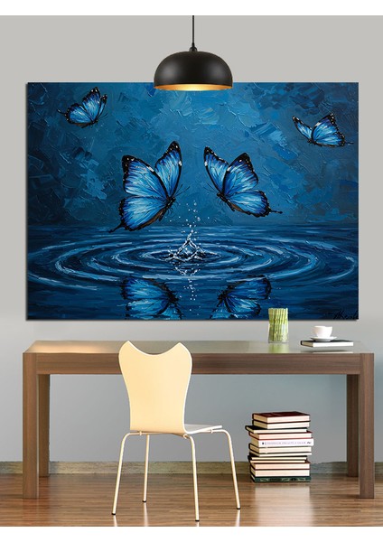 Mavi Kelebekler Su Üstünde Dekoratif Kanvas - Mdf Ahşap Tablo modelleri