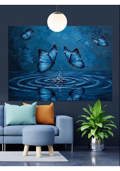 Mavi Kelebekler Su Üstünde Dekoratif Kanvas - Mdf Ahşap Tablo fırsatları