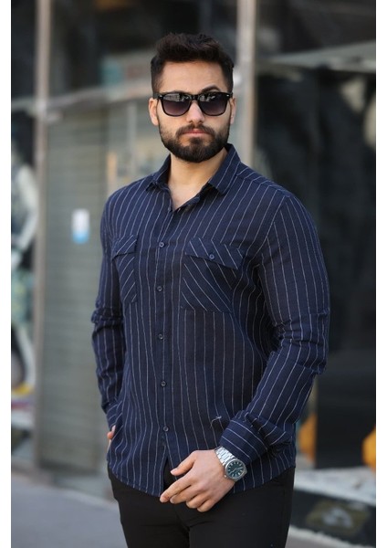 Erkek Pamuklu Çizgi Desenli Cep Detaylı Gömlek