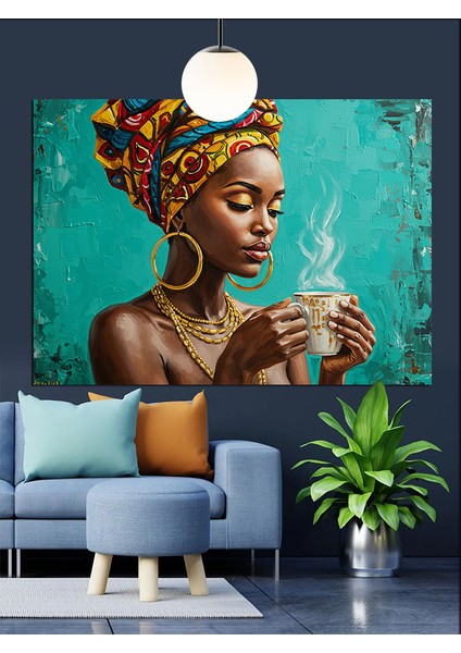 Renkli Başörtülü Afrikalı ve Kahve Dekoratif Kanvas - Mdf Ahşap Tablo