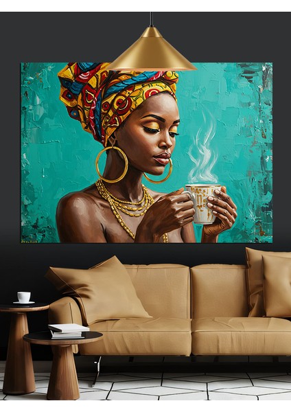 Renkli Başörtülü Afrikalı ve Kahve Dekoratif Kanvas - Mdf Ahşap Tablo fiyatları