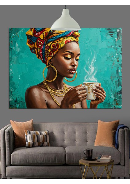 Renkli Başörtülü Afrikalı ve Kahve Dekoratif Kanvas - Mdf Ahşap Tablo fırsatları