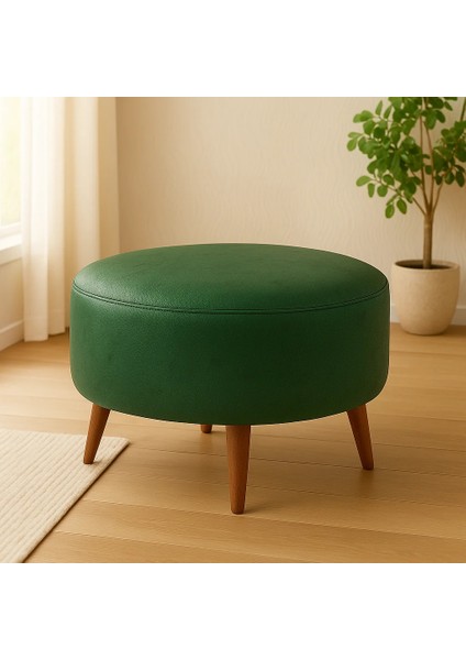 Büyük Yuvarlak Puf - Deri Kumaş - Ahşap Ayak - Yeşil