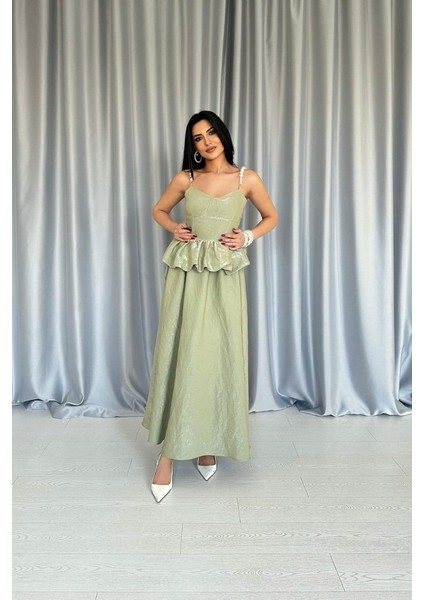 Yeşil Beli Büzgülü Inci Askılı Uzun Elbise