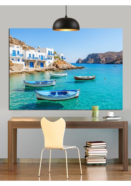 Beyaz Kayıklar Mavi Deniz Dekoratif Kanvas - Mdf Ahşap Tablo modelleri