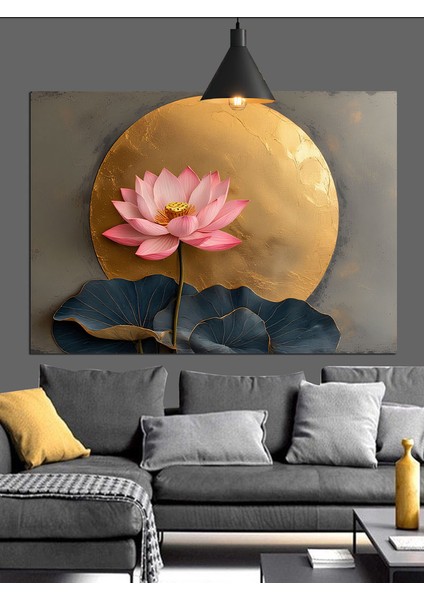Altın Fon Üzerinde Lotus Çiçeği Dekoratif Kanvas - Mdf Ahşap Tablo fiyatları