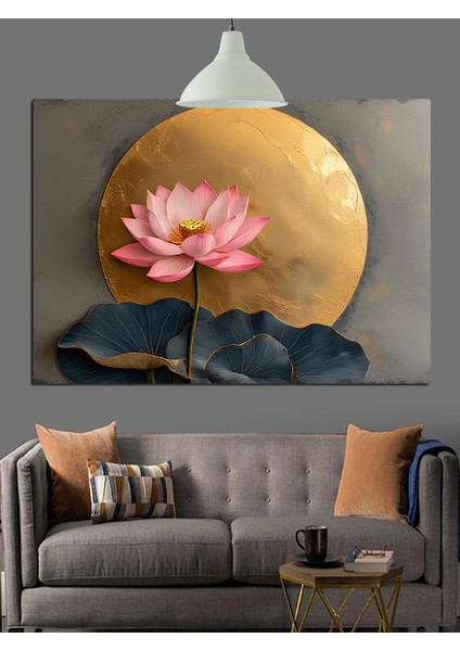Altın Fon Üzerinde Lotus Çiçeği Dekoratif Kanvas - Mdf Ahşap Tablo modelleri