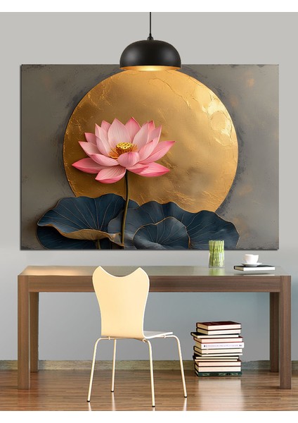 Altın Fon Üzerinde Lotus Çiçeği Dekoratif Kanvas - Mdf Ahşap Tablo fırsatları