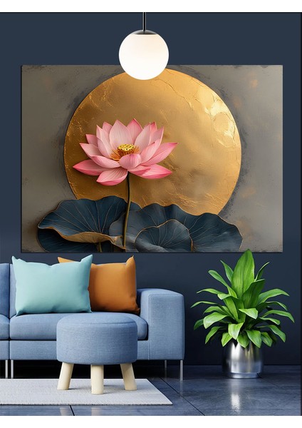 Altın Fon Üzerinde Lotus Çiçeği Dekoratif Kanvas - Mdf Ahşap Tablo indirimleri