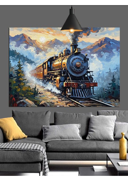 Raylarda Ilerleyen Buharlı Tren Dekoratif Kanvas - Mdf Ahşap Tablo