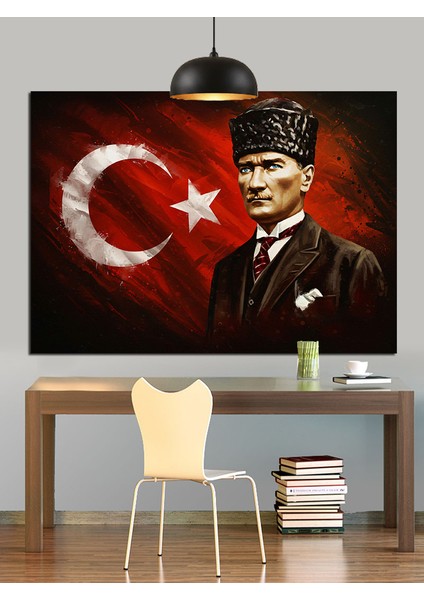 Bayrak Önünde Atatürk Portresi Dekoratif Kanvas - Mdf Ahşap Tablo indirimleri