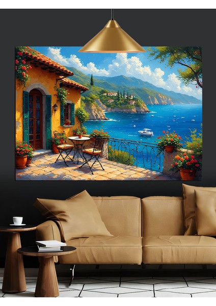 Akdeniz Manzaralı Balkon Evler Dekoratif Kanvas - Mdf Ahşap Tablo