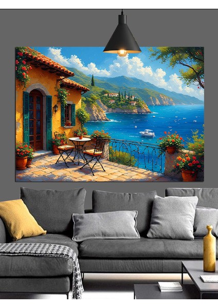 Akdeniz Manzaralı Balkon Evler Dekoratif Kanvas - Mdf Ahşap Tablo fiyatları