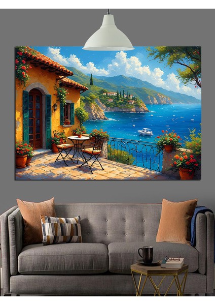 Akdeniz Manzaralı Balkon Evler Dekoratif Kanvas - Mdf Ahşap Tablo modelleri