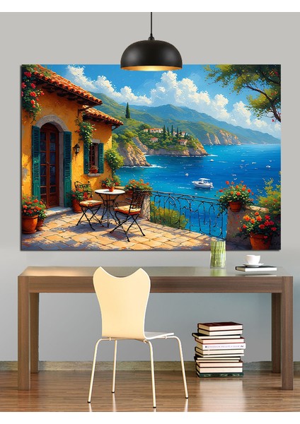 Akdeniz Manzaralı Balkon Evler Dekoratif Kanvas - Mdf Ahşap Tablo fırsatları