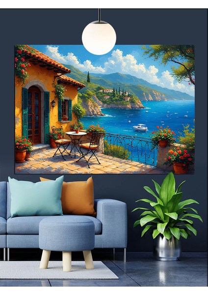 Akdeniz Manzaralı Balkon Evler Dekoratif Kanvas - Mdf Ahşap Tablo indirimleri