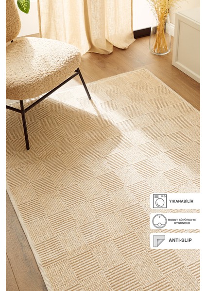 Yıkanabilir Pamuklu Ekru Renk Dama Desen Kilim 120 x 180 cm