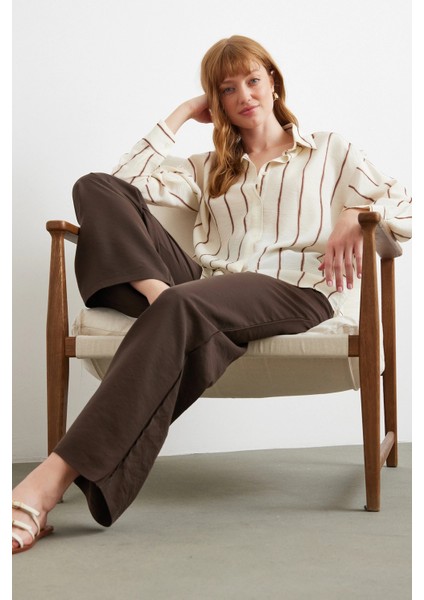Çizgili Modal Gömlek Kahve