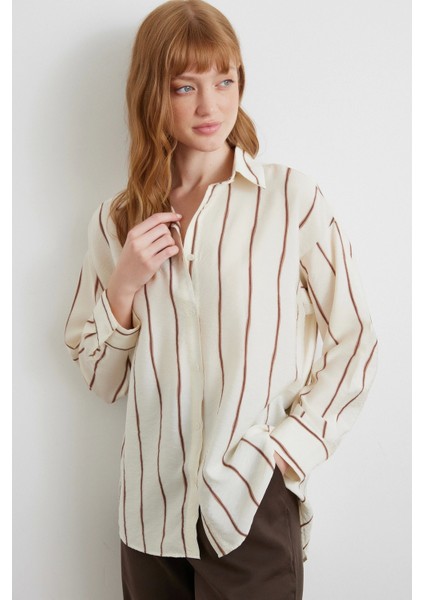 Çizgili Modal Gömlek Kahve modelleri