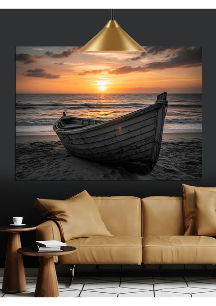 Gün Batımında Eski Kayık Dekoratif Kanvas - Mdf Ahşap Tablo