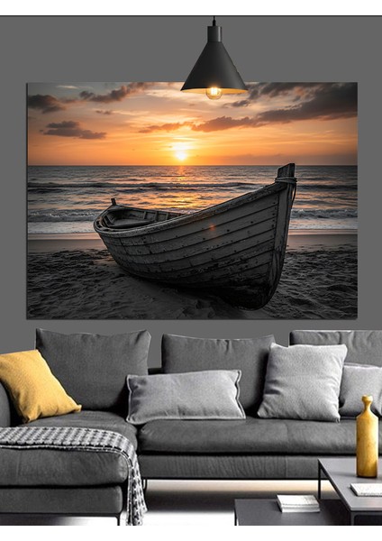 Gün Batımında Eski Kayık Dekoratif Kanvas - Mdf Ahşap Tablo fiyatları