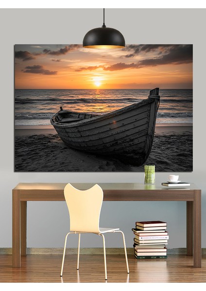 Gün Batımında Eski Kayık Dekoratif Kanvas - Mdf Ahşap Tablo fırsatları