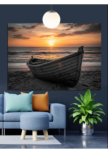 Gün Batımında Eski Kayık Dekoratif Kanvas - Mdf Ahşap Tablo indirimleri