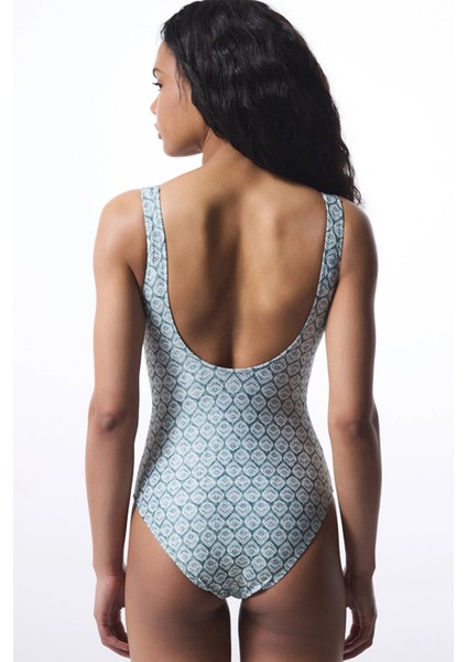 Yeşil Geometrik Desenli V Mayo