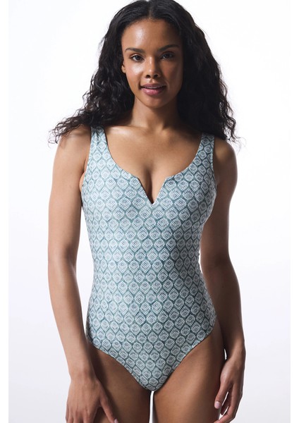 Yeşil Geometrik Desenli V Mayo fiyatları