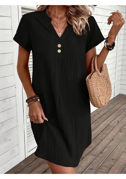 Kadın Kısa Kollu V Yakalı Düğmeli Müslim Kısa Elbise