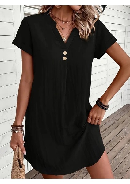 Kadın Kısa Kollu V Yakalı Düğmeli Müslim Kısa Elbise fırsatları