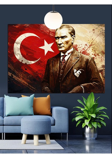 Bayrak Önünde Atatürk Portresi Dekoratif Kanvas - Mdf Ahşap Tablo