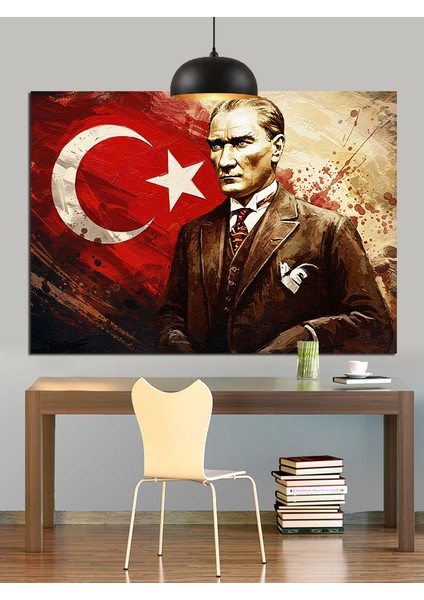 Bayrak Önünde Atatürk Portresi Dekoratif Kanvas - Mdf Ahşap Tablo indirimleri